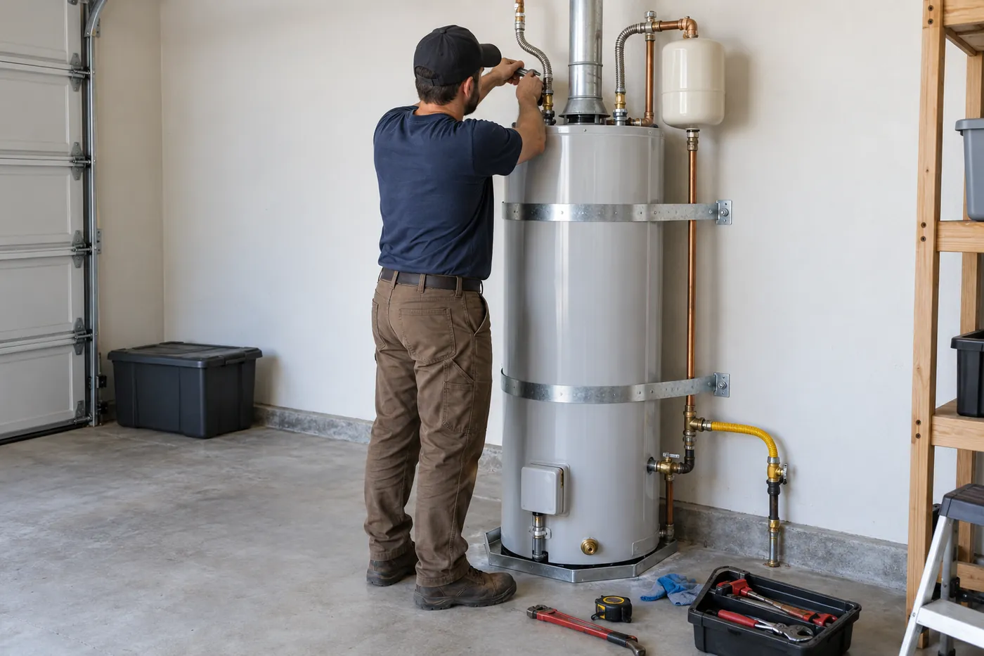 A plumber installing a new tank water heater with seismic straps