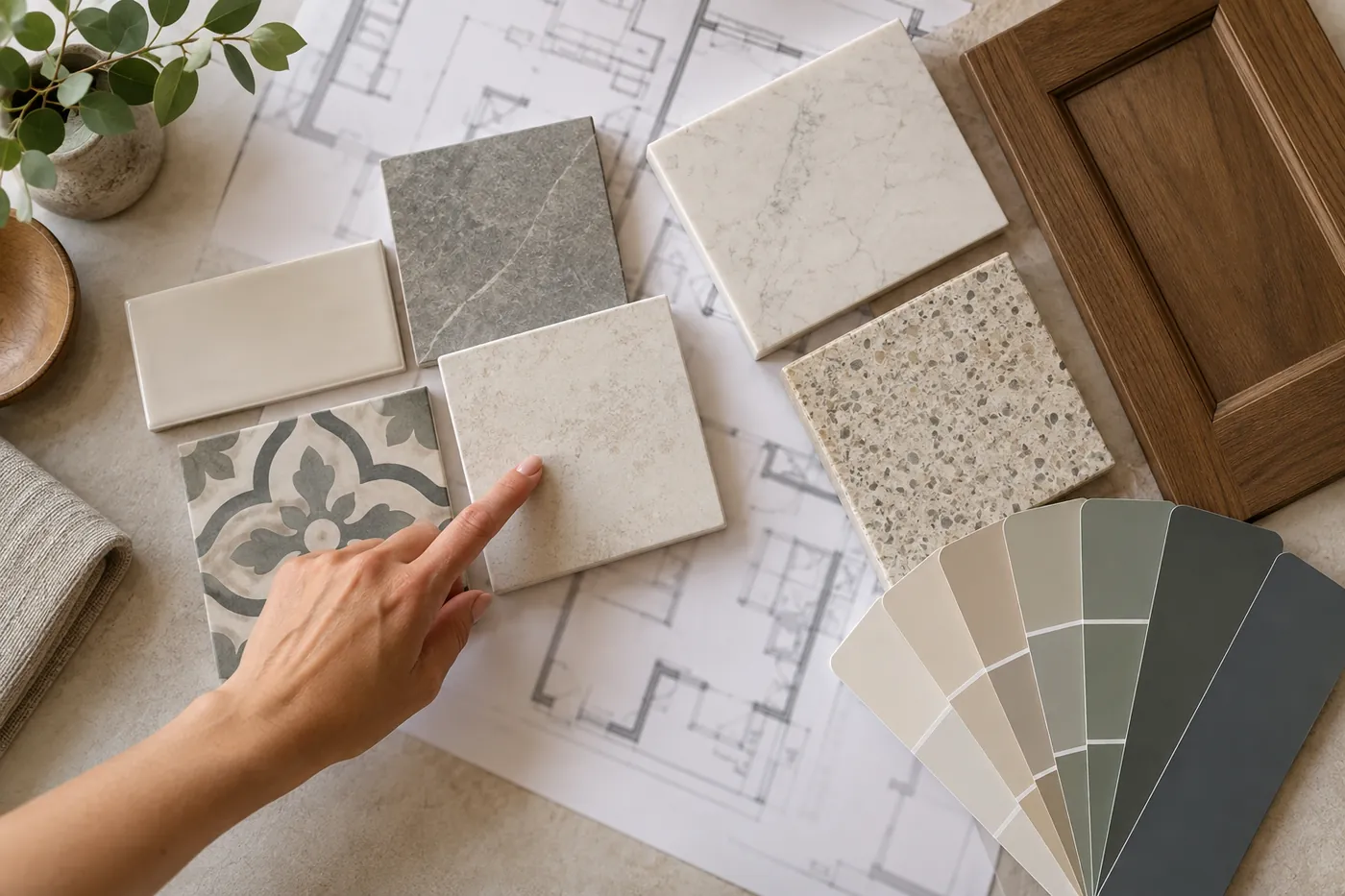 Remodel material samples laid out on plans