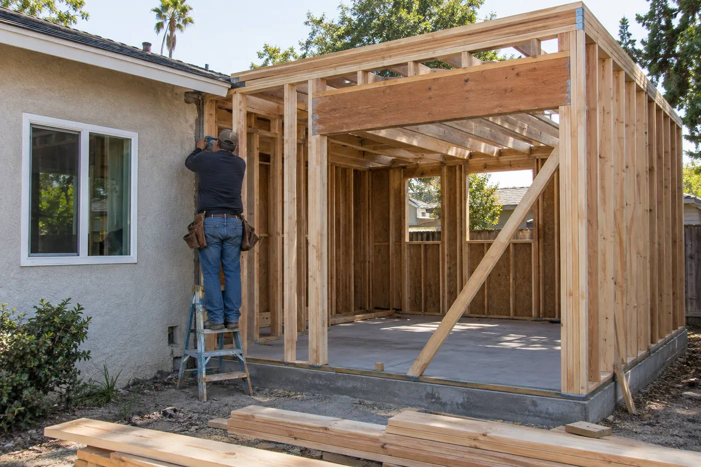 A room addition being framed onto an existing home
