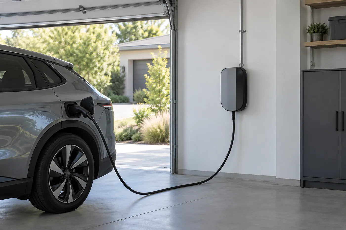 An EV charger installed in a home garage