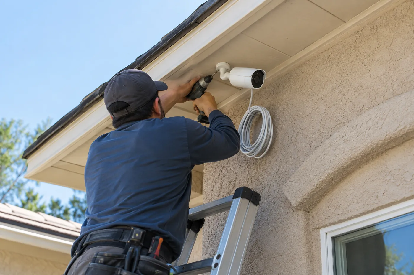 A technician installing a security camera under a home's eave