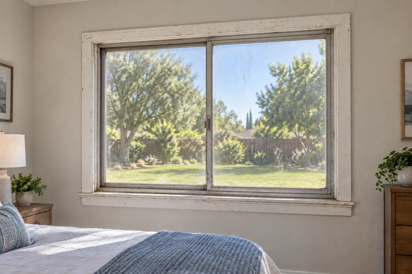Before: an old single-pane window vs. a new double-pane window