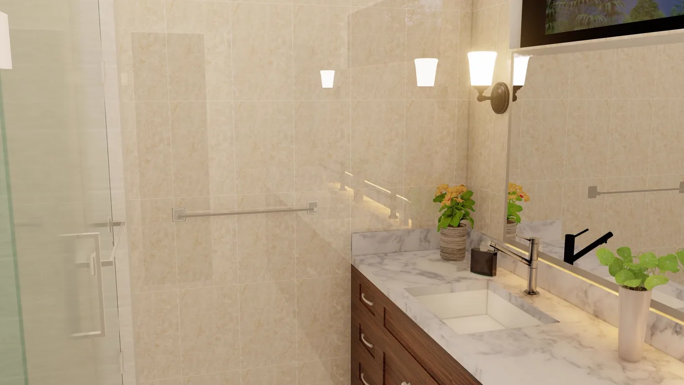 A remodeled bathroom with a tiled shower