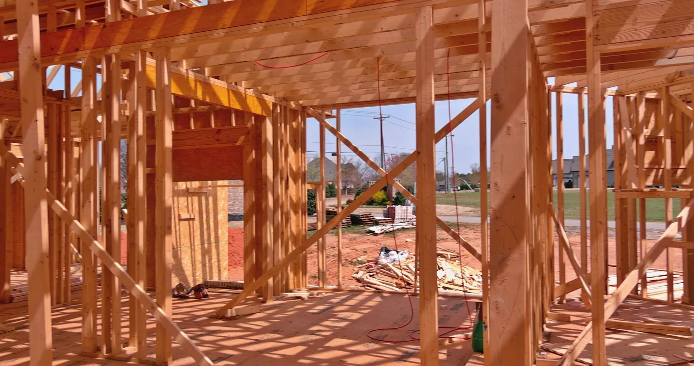 Wood framing on a home construction site