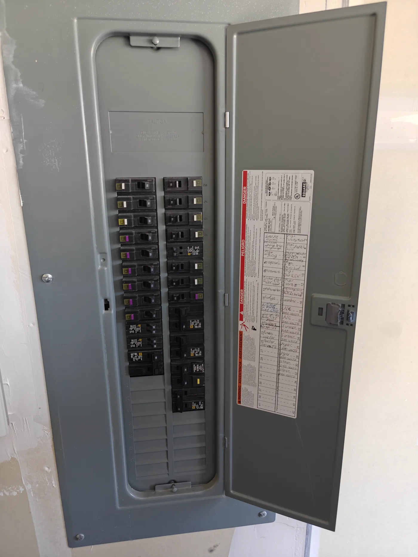 Open electrical panel during a breaker inspection